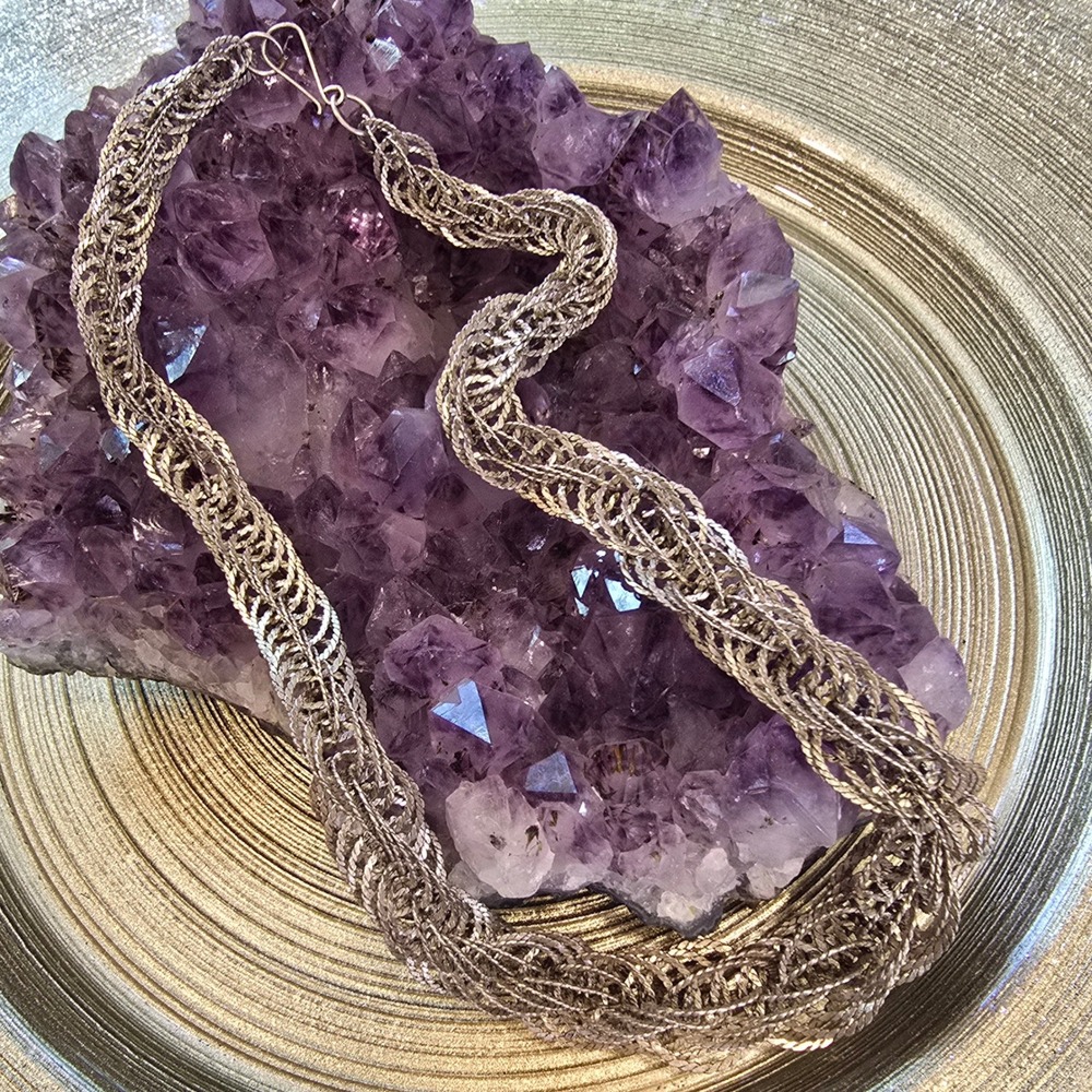 Vintage Silver Tone Multi Strand Woven Mesh Bib Statement Necklace Hook Clasp - Picture 6 of 6